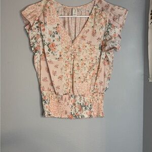 Joie Floral V-Neck Ruffle Sleeve Top
